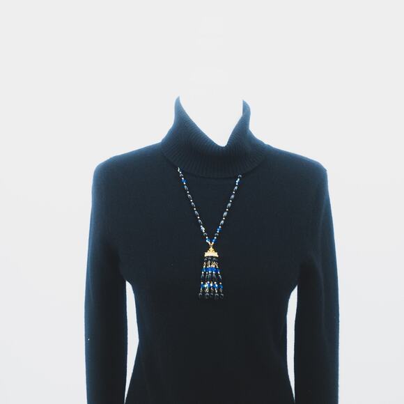 Unbranded Jewelry - Beaded Tassle Necklace Smoth Seeded Black Blue Faceted beads 24"